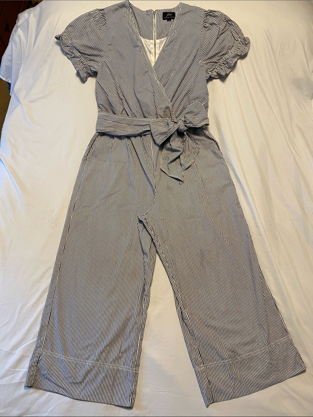 J. Crew Blue/White Striped Wrap Tie-Belt Jumpsuit 14